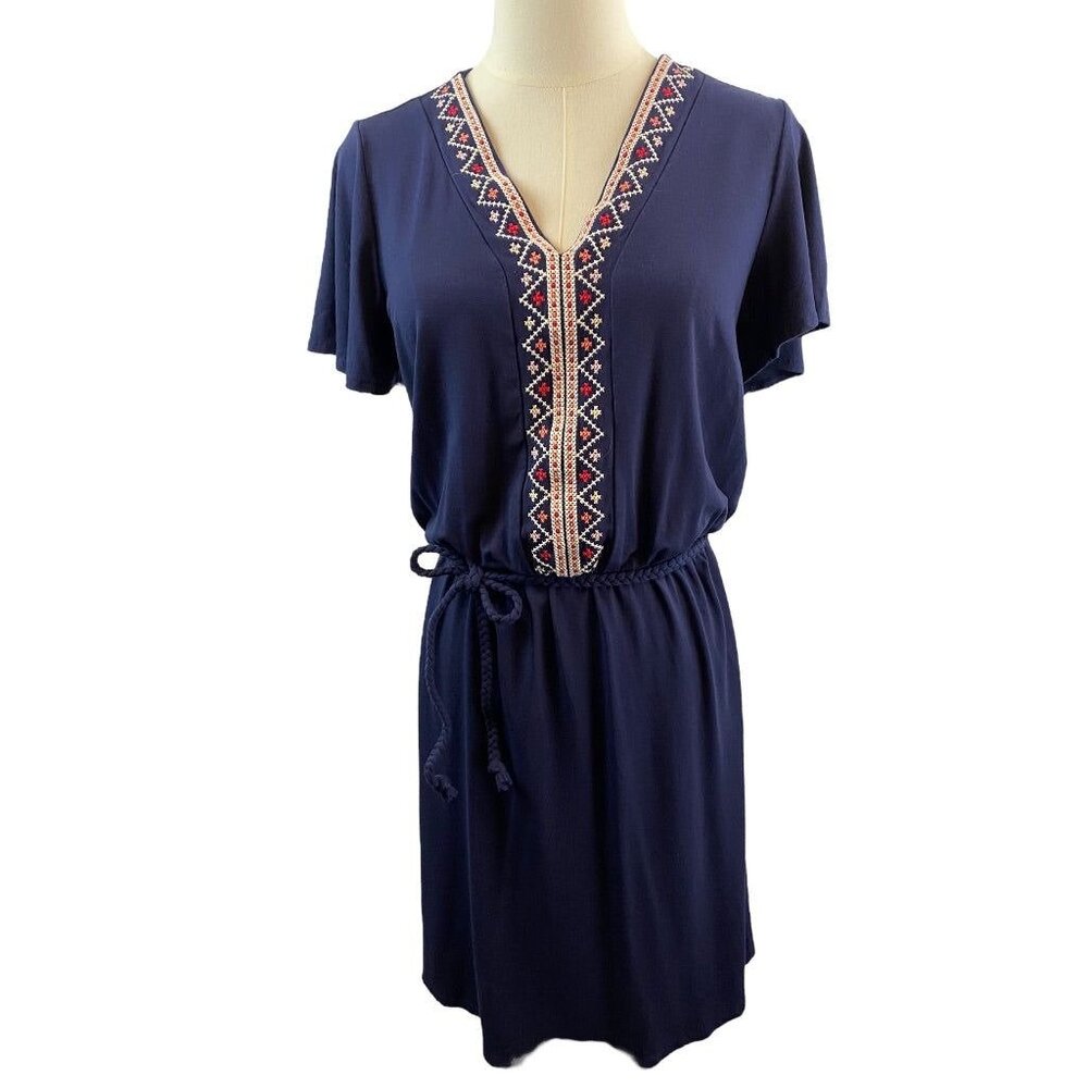 Small Tall‎ Old Navy Navy Blue Knit Embroidered V-Neck Boho Dress
